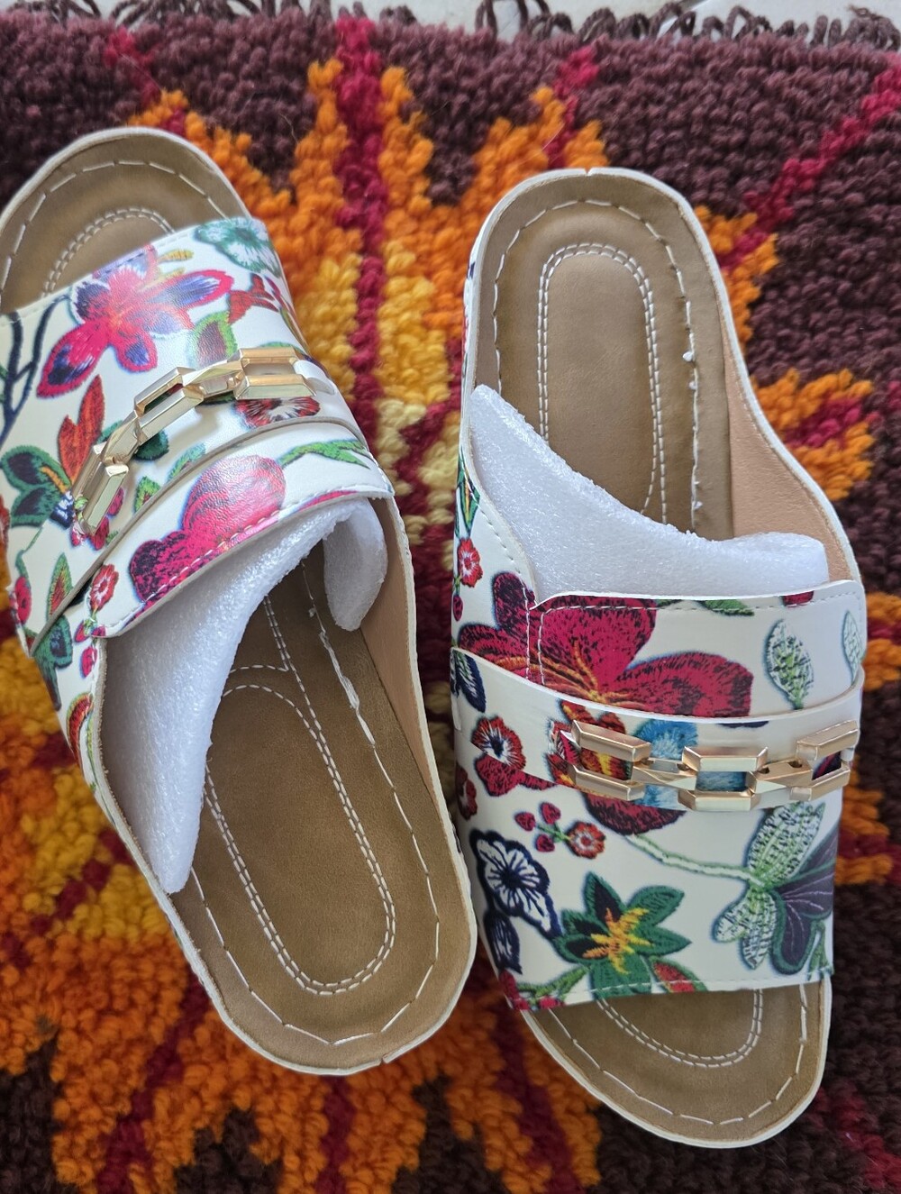 Tropical Floral Foam Slide Sandals Gold Chain Accent Sz 8.5 (40) Comfort SlipOn